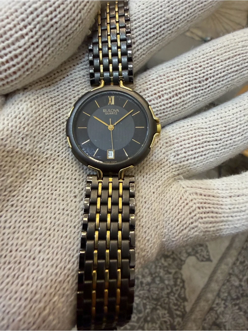 Vintage Bulova Women's Two-Tone Dress Watch Black Geometric Dial Date 60-10 32mm